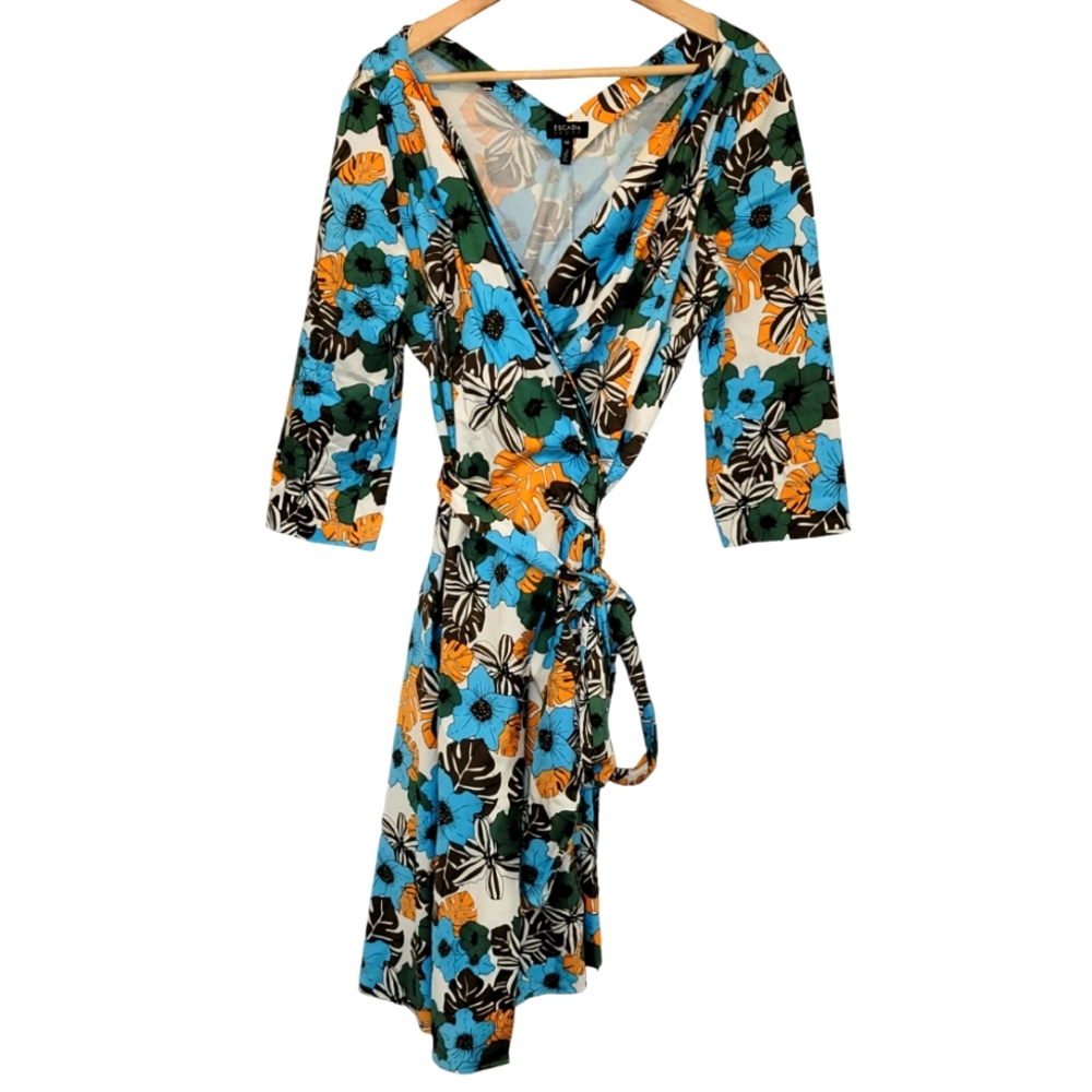 Escada Sport Floral Monstera Print Belted A Line Dress Size 44 US 14 Blue/Orange - Picture 3 of 7
